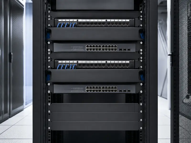 Rack profesional con infraestructura de red empresarial