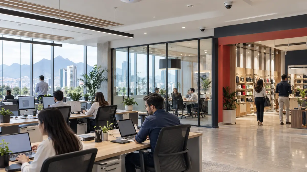 Oficina y comercio modernos con conectividad empresarial