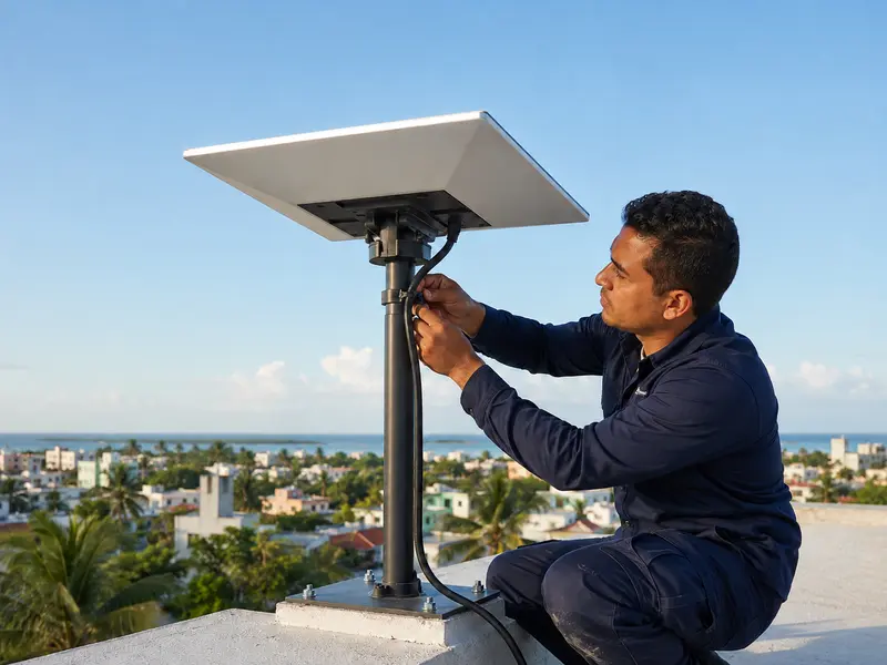 Técnico instalando una antena Starlink para una empresa